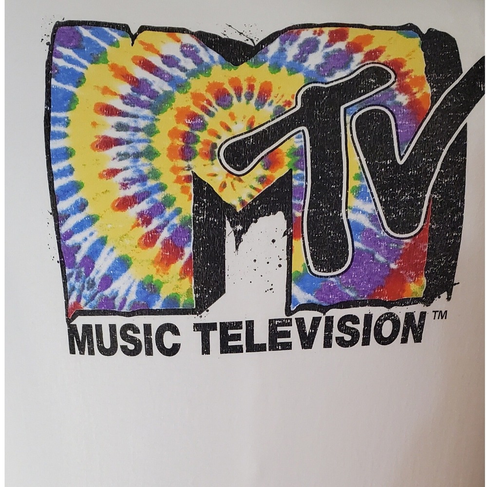 MTV Music Television‎ Mens XL Graphic T-Shirt White Tie Dye Logo Retro 90s Style